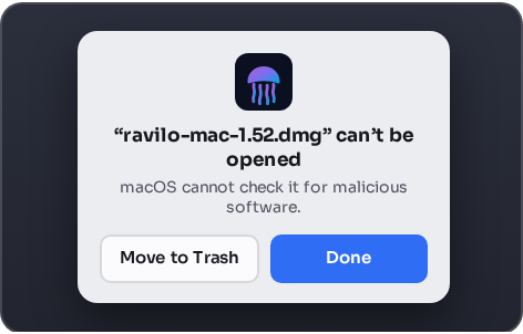 Step 1 of 5: a macOS dialog refusing the downloaded disk image by name. Its two buttons are Move to Trash and Done. Choose Done.