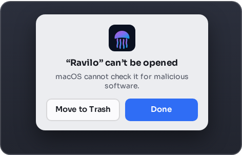 Step 4 of 5: the same macOS dialog, now refusing Ravilo itself after it has been installed. Its buttons are Move to Trash and Done. Choose Done again.