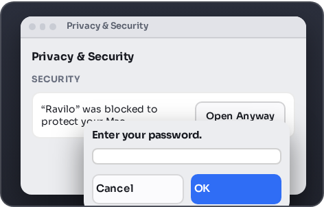 Step 5 of 5: the Privacy & Security pane again with its Open Anyway button, and a password prompt with an empty password field. Choose Open Anyway and enter your password; Ravilo opens.